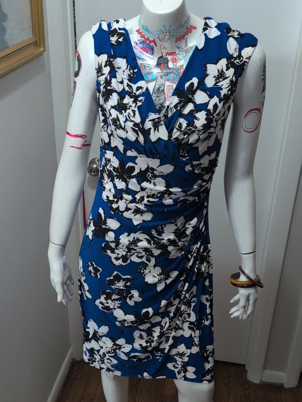 Lauren Ralph Lauren Blue and White Floral Faux-Wrap Midi Dress